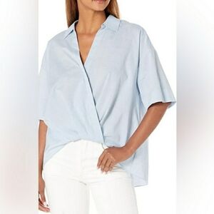 Theory Wrap-Effect Pleated Slub Cotton Shirt Size Small